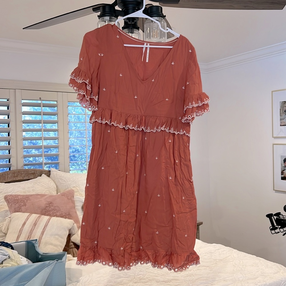Anthropologie Eyelet trim knee length rust dress 4